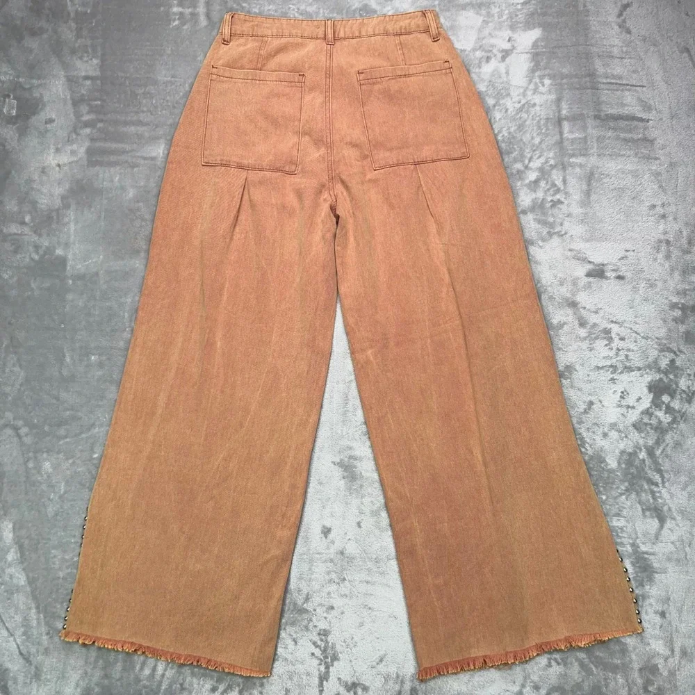 POL Wide Leg Pants Womens Medium Rust Gold Studded Split Hem Raw Edge Boho Jeans